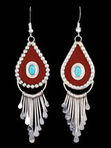 Navajo Sterling Silver Turquoise and Leather Waterfall Dangle Earrings - PuebloDirect.com