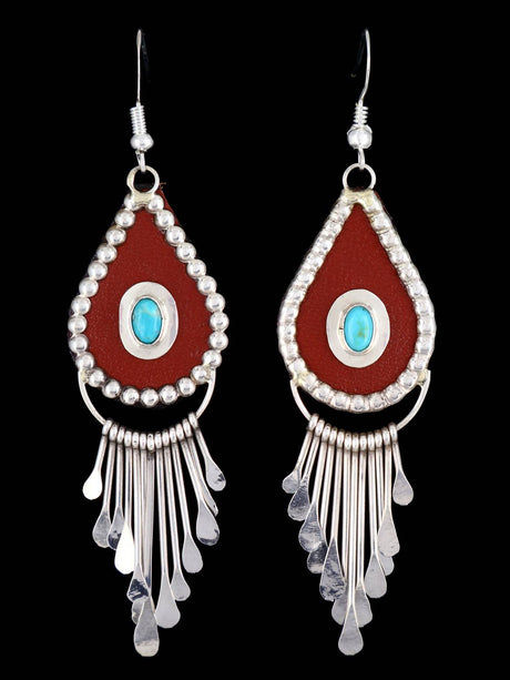Navajo Sterling Silver Turquoise and Leather Waterfall Dangle Earrings - PuebloDirect.com