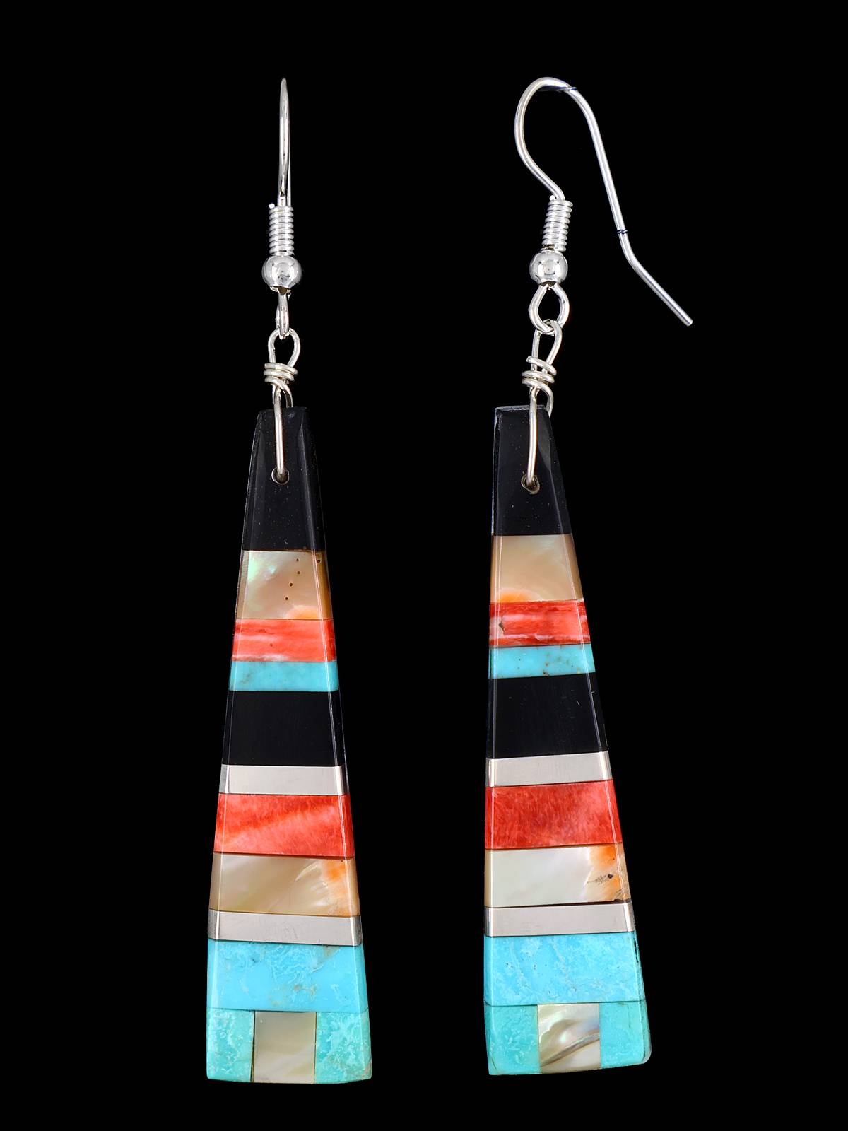 Santo Domingo Inlay Turquoise and Spiny Oyster Mosaic Dangle Earrings - PuebloDirect.com