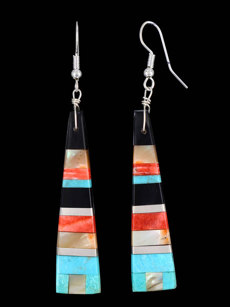 Santo Domingo Inlay Turquoise and Spiny Oyster Mosaic Dangle Earrings - PuebloDirect.com