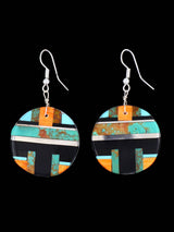 Santo Domingo Inlay Turquoise and Spiny Oyster Mosaic Dangle Earrings - PuebloDirect.com