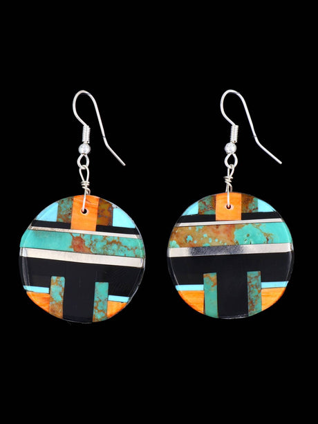 Santo Domingo Inlay Turquoise and Spiny Oyster Mosaic Dangle Earrings - PuebloDirect.com