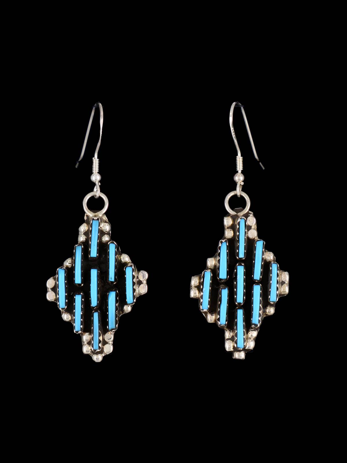 Sterling Silver Zuni Needlepoint Turquoise Dangle Earrings - PuebloDirect.com