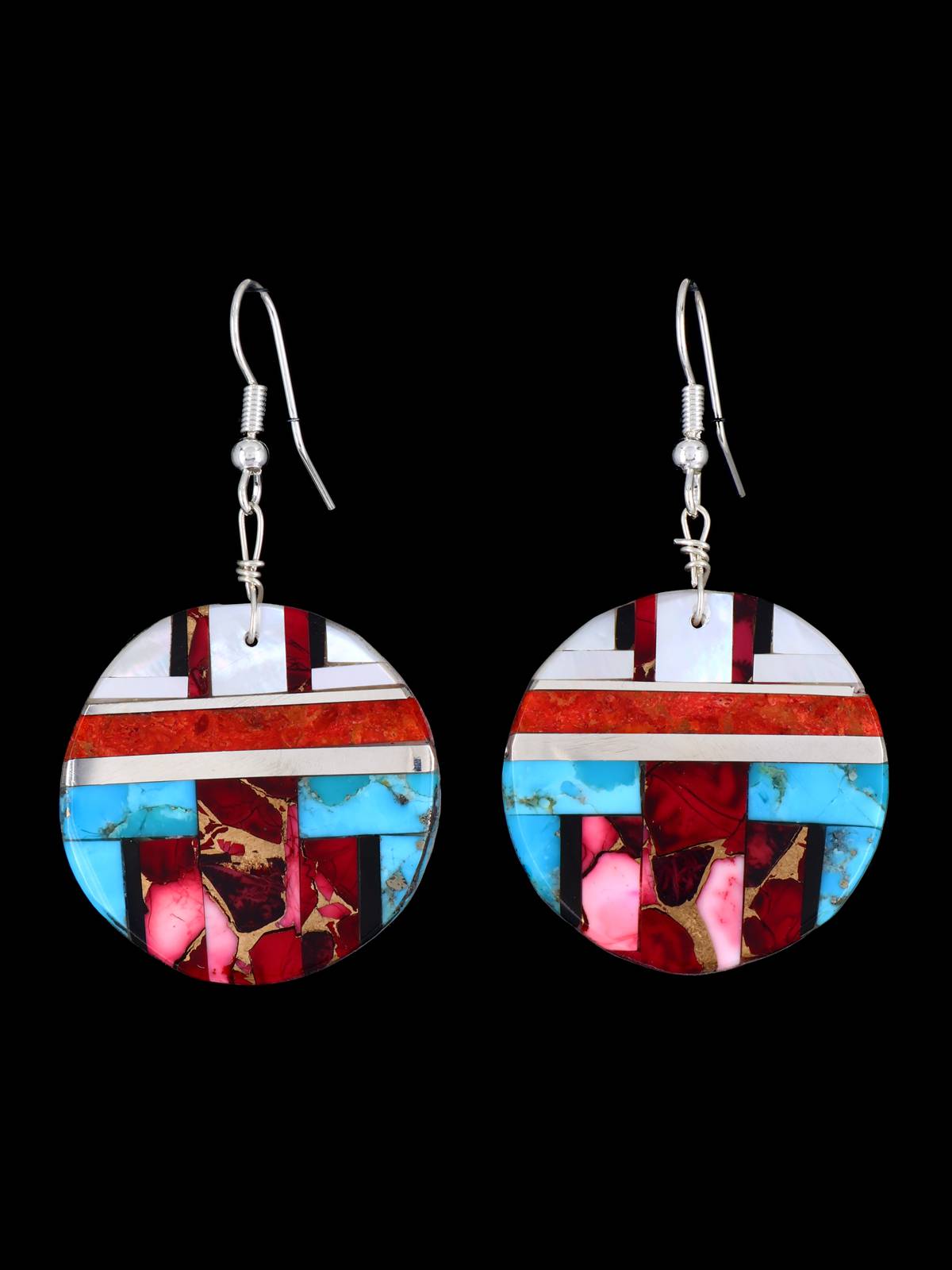 Santo Domingo Inlay Turquoise and Spiny Oyster Mosaic Dangle Earrings - PuebloDirect.com