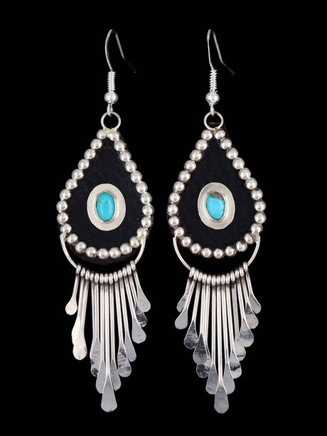 Navajo Sterling Silver Turquoise and Leather Waterfall Dangle Earrings - PuebloDirect.com