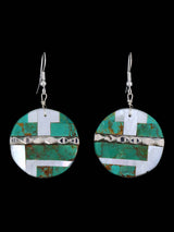 Santo Domingo Inlay Turquoise and Mother of Pearl Mosaic Dangle Earrings - PuebloDirect.com