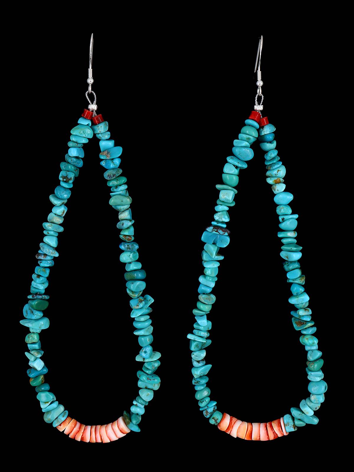 Long Santo Domingo Beaded Turquoise and Shell Dangle Earrings - PuebloDirect.com
