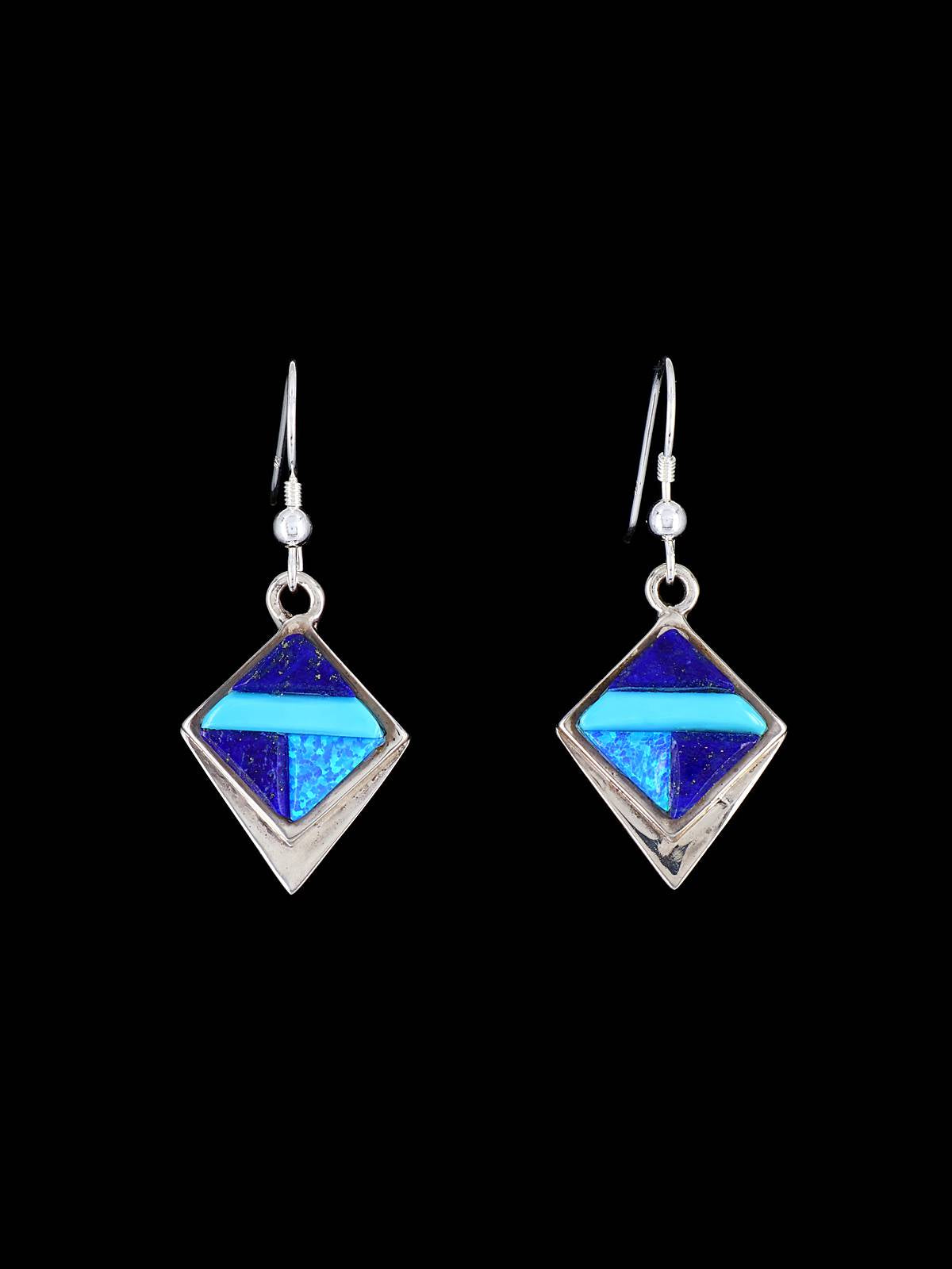 Navajo Turquoise and Lapis Inlay Dangle Earrings