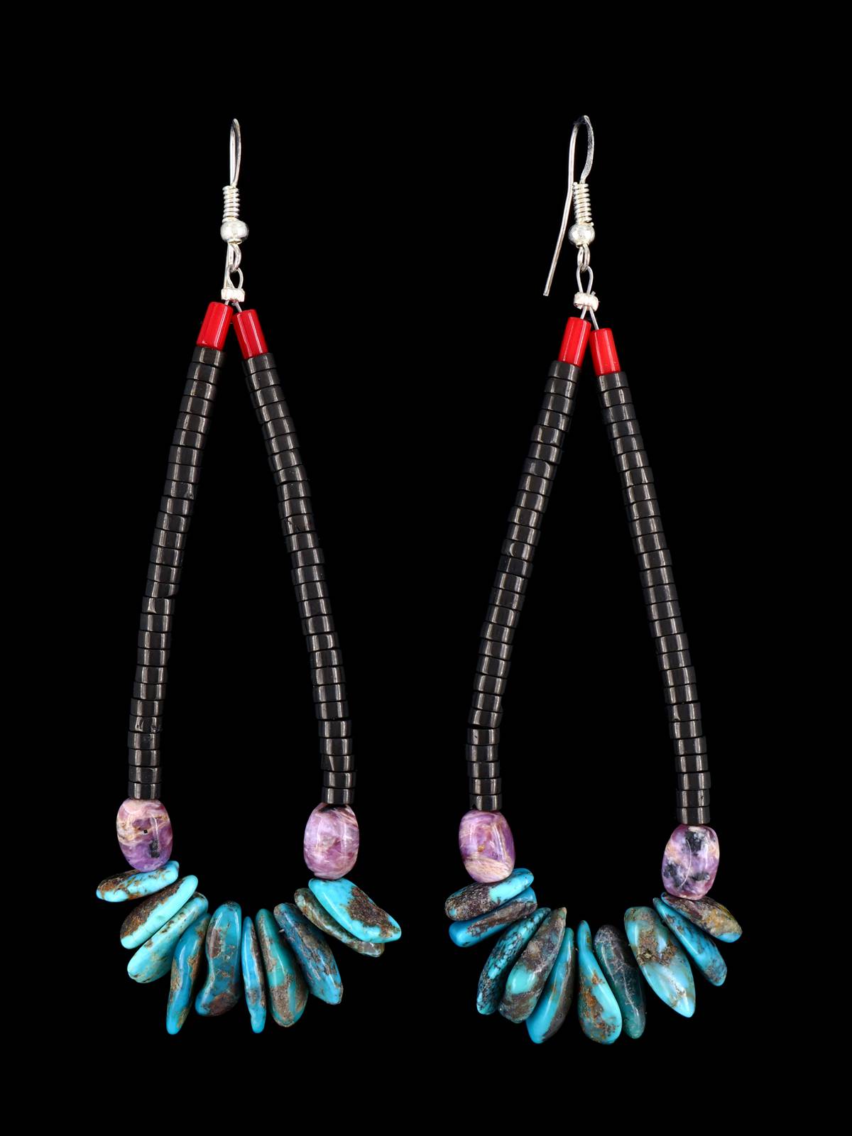 Navajo Turquoise and Jet Beaded Dangle Earrings