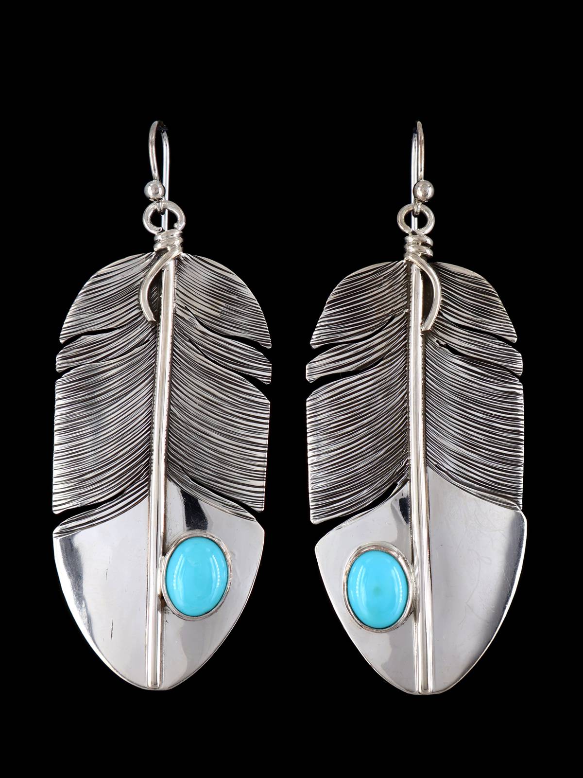 Native American Sterling Silver Turquoise Dangle Feather Earrings