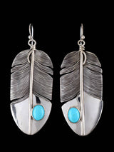 Native American Sterling Silver Turquoise Dangle Feather Earrings