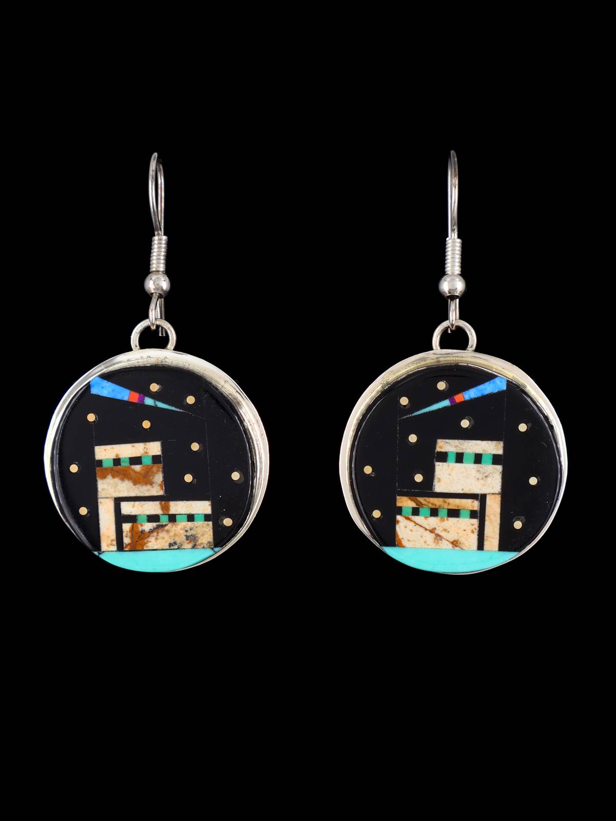 Onyx and Jasper Inlay Pueblo Dangle Earrings