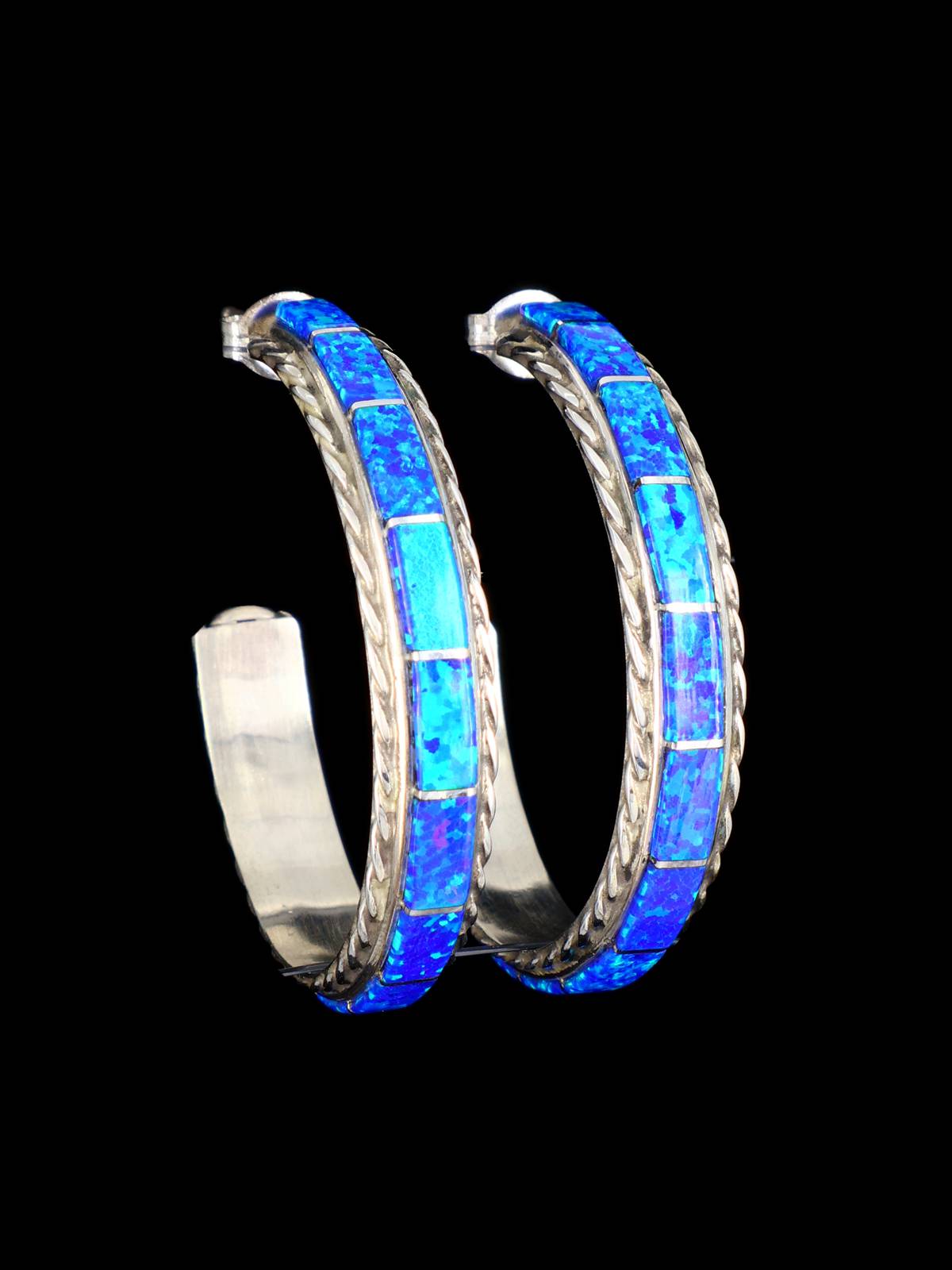 Native American Zuni Opalite Inlay Hoop Earrings