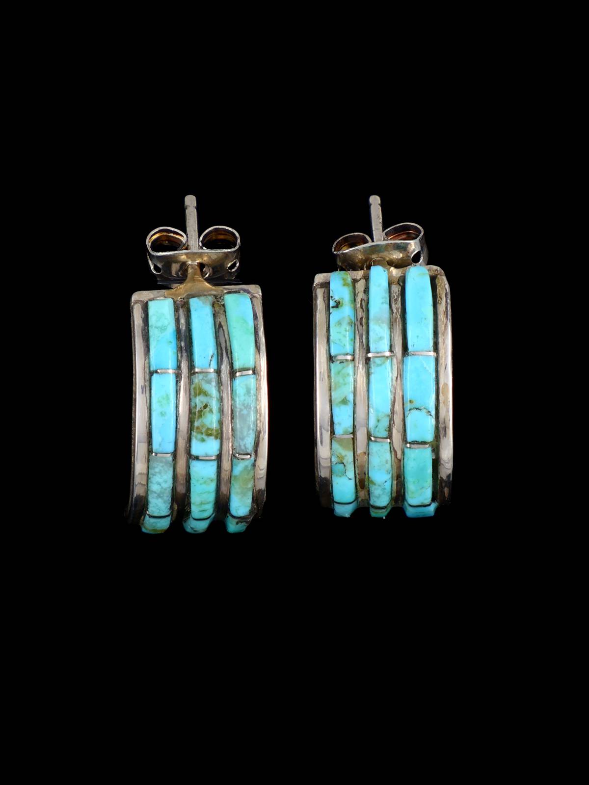 Turquoise Zuni Inlay Half Hoop Post Earrings