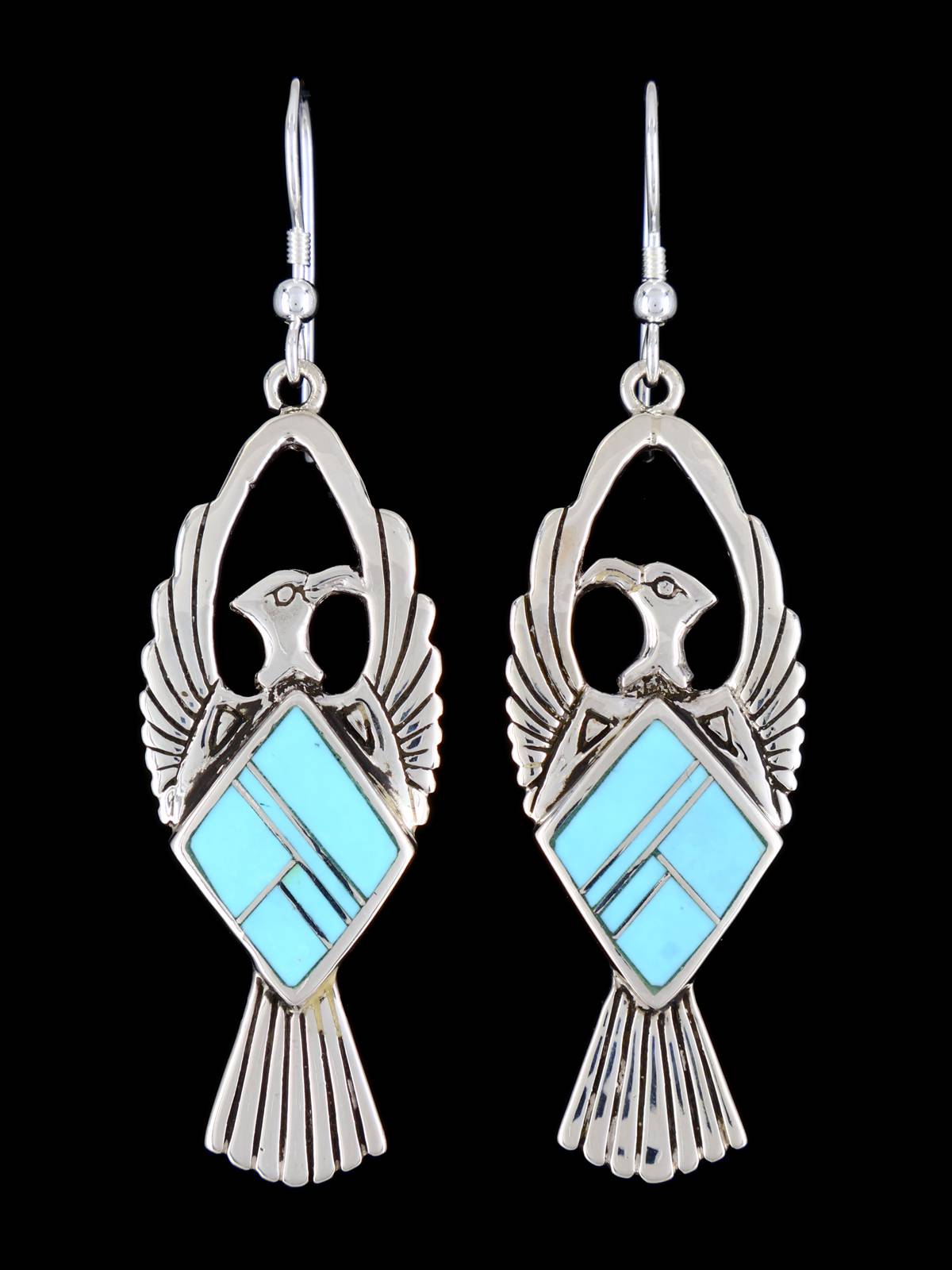 Navajo Turquoise Thunderbird Inlay Dangle Earrings