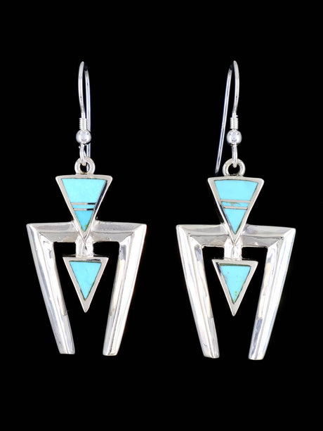 Navajo Turquoise Sterling Silver Inlay Dangle Earrings - PuebloDirect.com