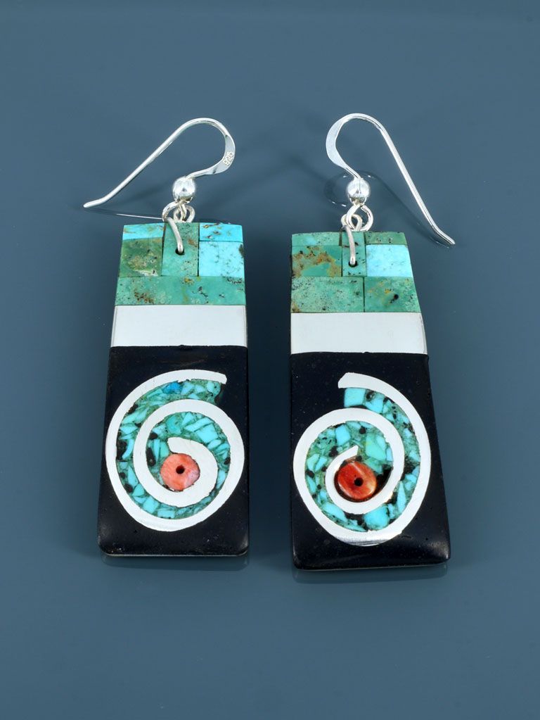 Santo Domingo Turquoise Mosaic Inlay Dangle Earrings - PuebloDirect.com