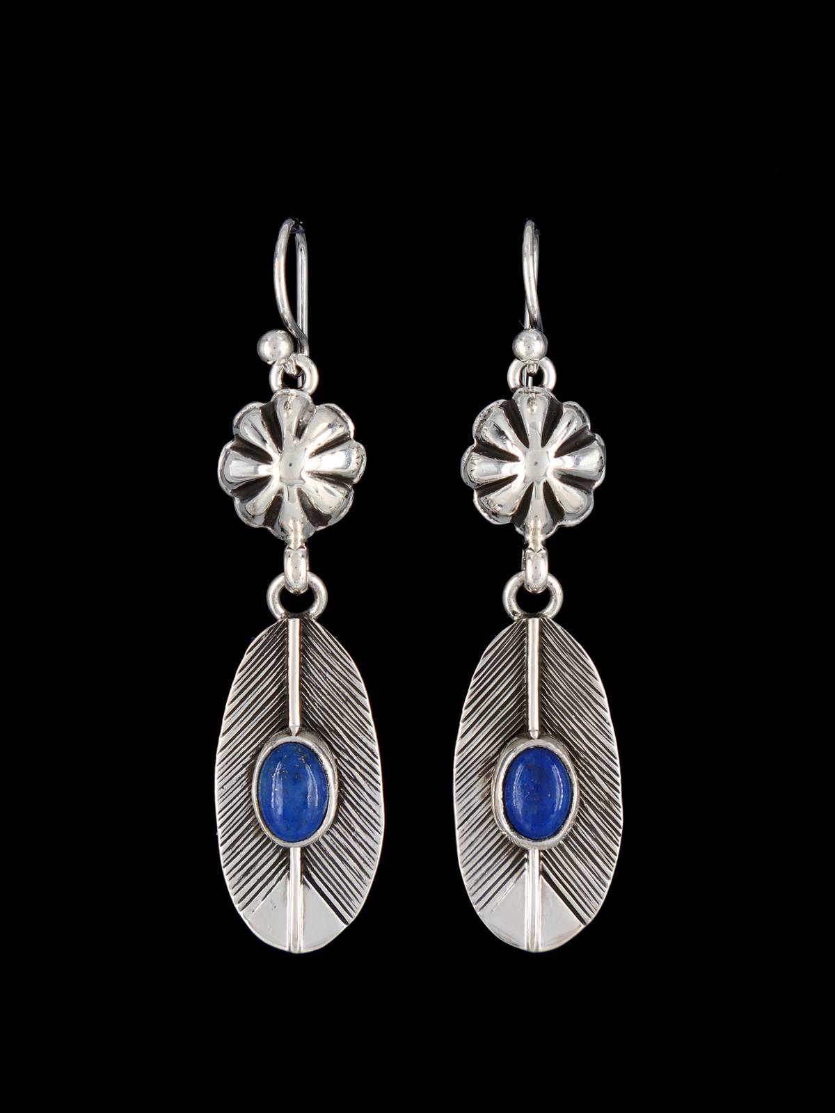 Native American Lapis Feather Sterling Silver Dangle Earrings - PuebloDirect.com