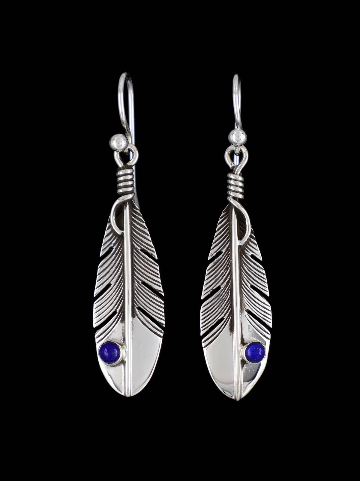 Native American Lapis Dangle Feather Earrings - PuebloDirect.com