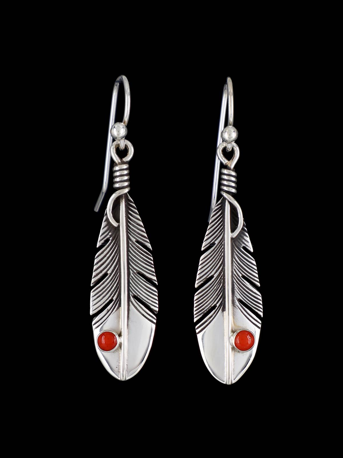 Native American Coral Dangle Feather Earrings – - Main Image