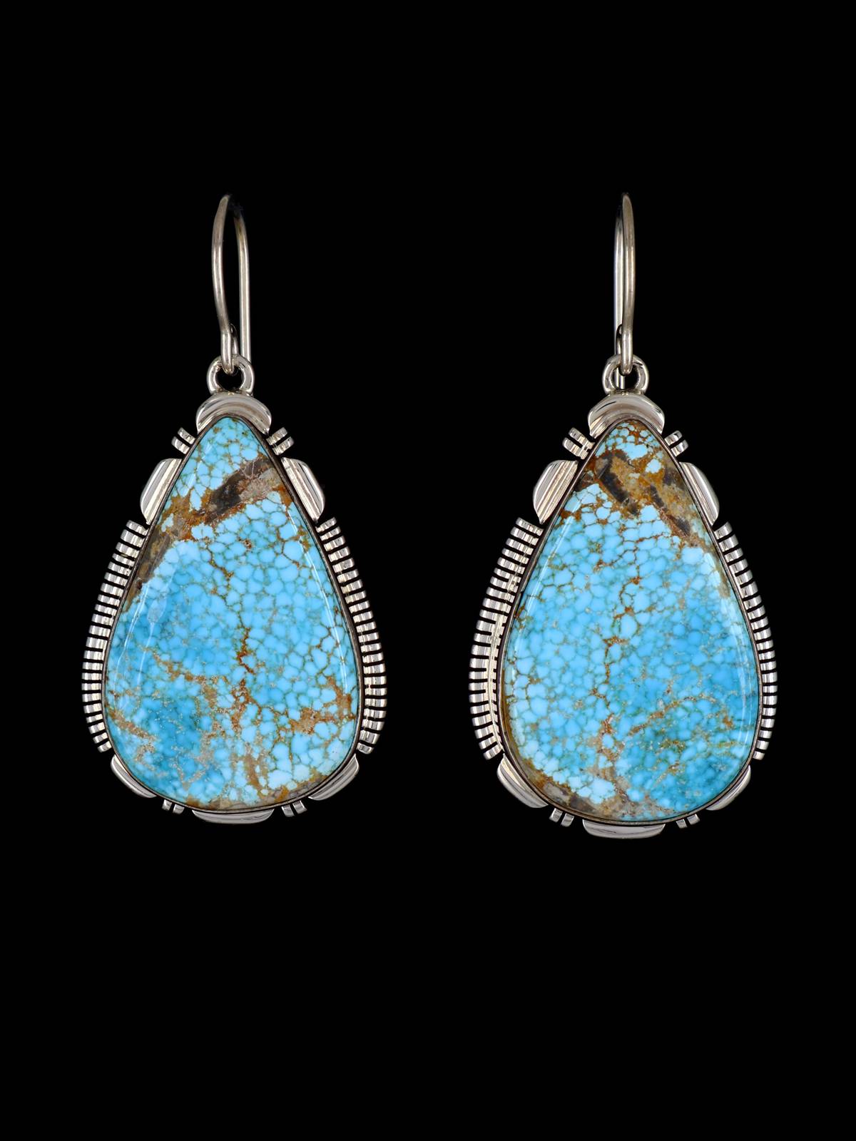 Large Navajo #8 Turquoise Sterling Silver Dangle Earrings - PuebloDirect.com