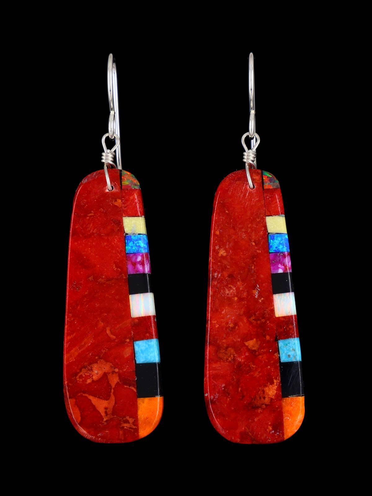 Boucles d'oreilles pendantes avec incrustation de mosaïque de corail pomme de Saint-Domingue