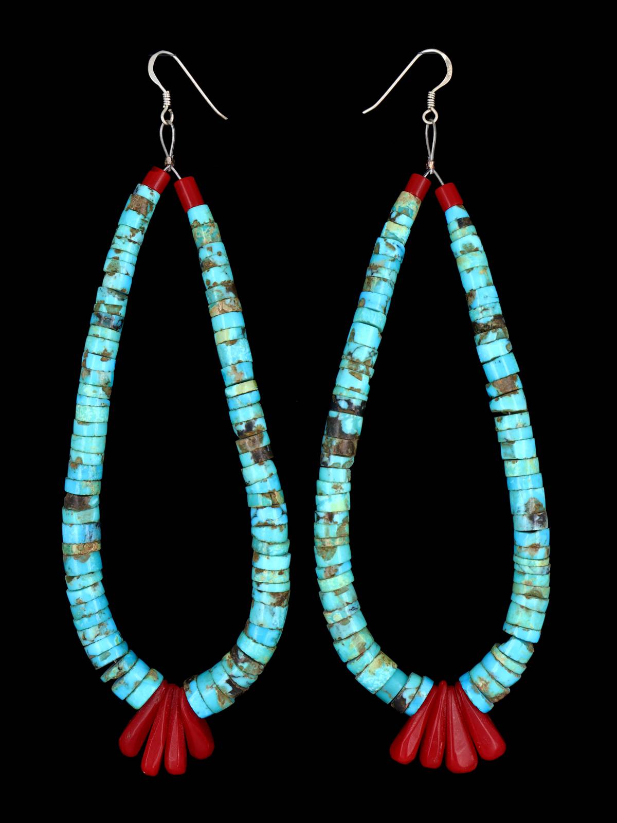 Extra Long Navajo Turquoise and Shell Jocla Dangle Earrings