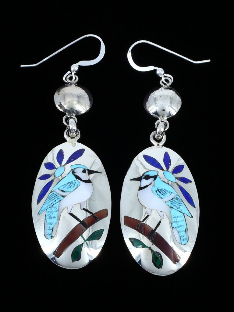 Zuni Inlay Sterling Silver Bluejay Inlay Dangle Earrings - PuebloDirect.com