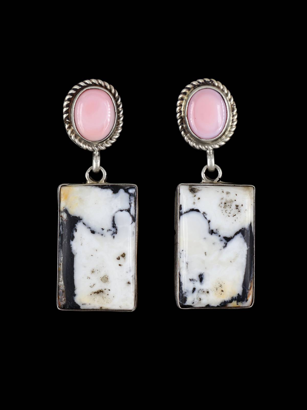 Navajo White Buffalo and Pink Conch Sterling Silver Post Earrings