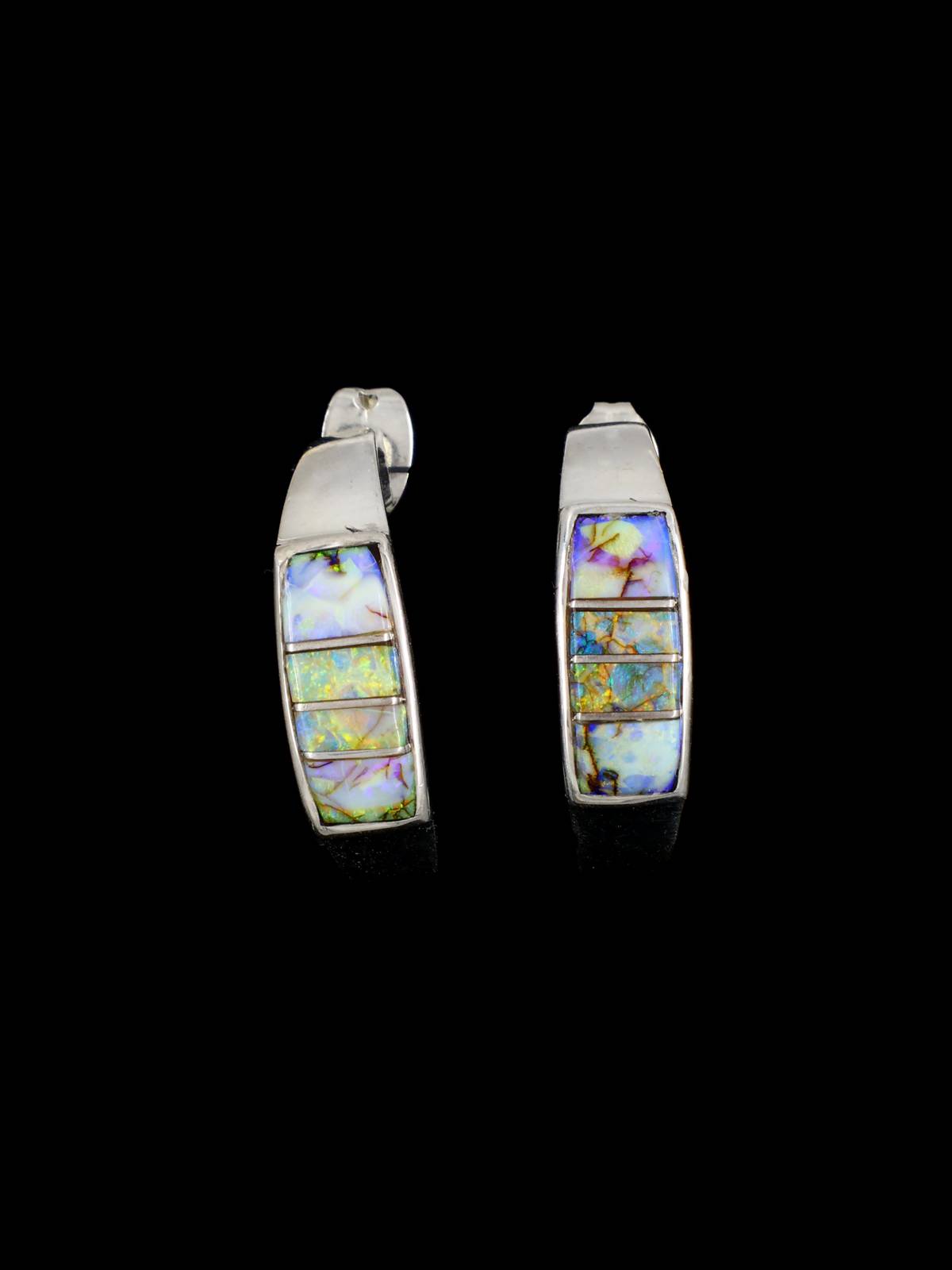 Navajo Spiderweb Opal Inlay Half Hoop Post Earrings