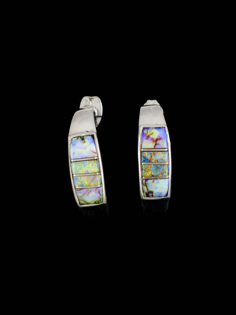 Navajo Spiderweb Opal Inlay Half Hoop Post Earrings
