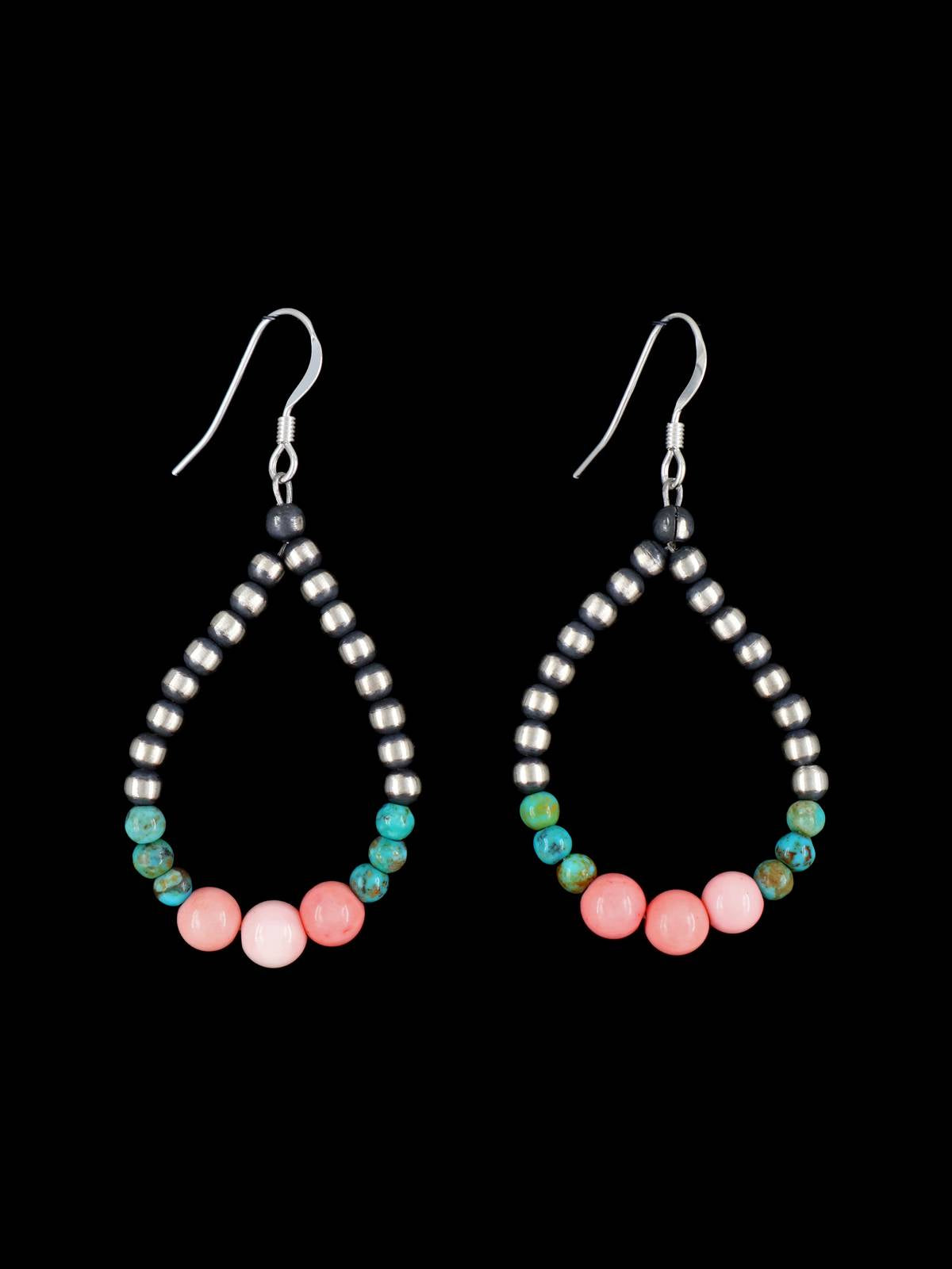 Navajo Sterling Silver and Pink Conch Beaded Dangle Earrings