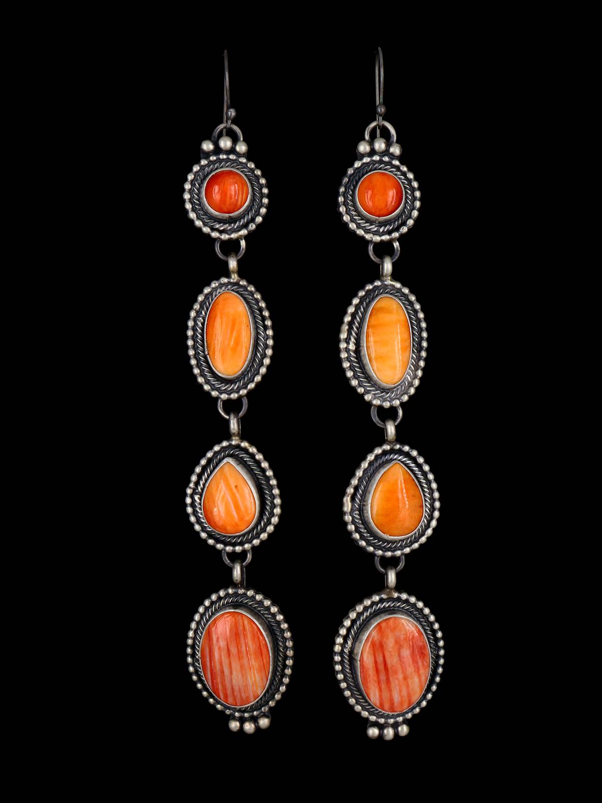 Extra Long Navajo Spiny Oyster Sterling Silver Dangle Earrings