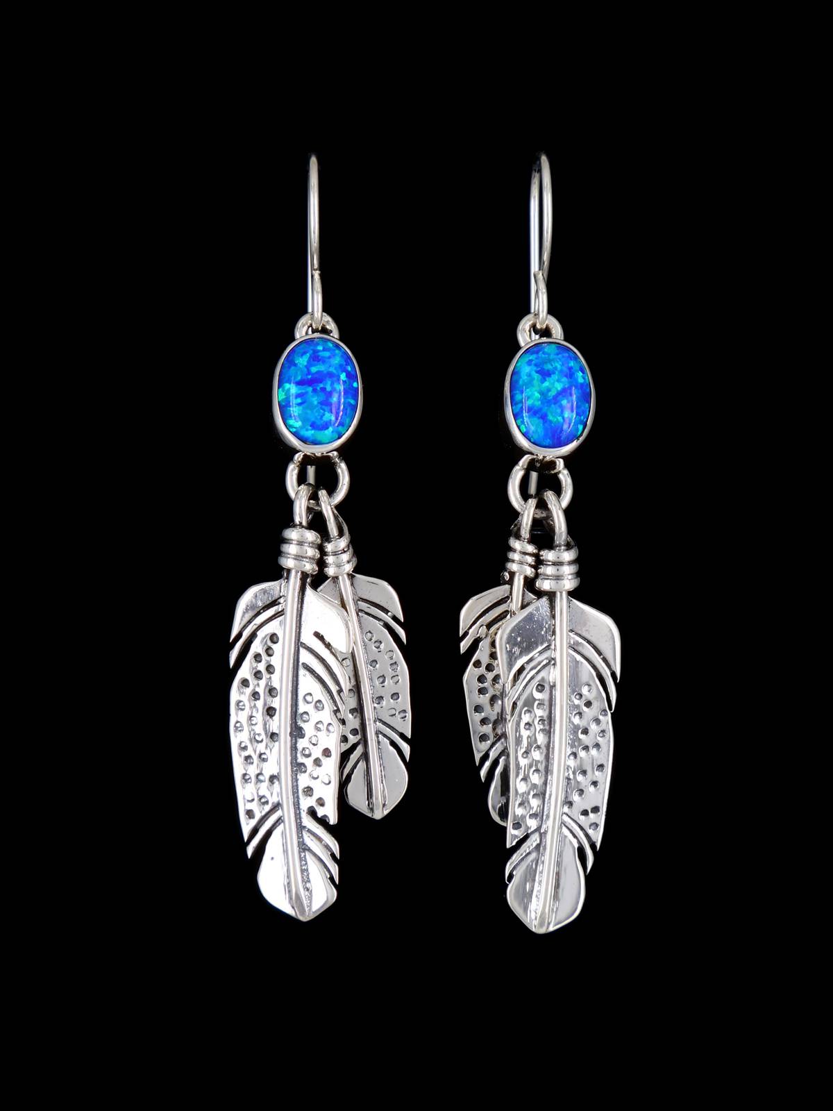 Navajo Sterling Silver Opalite Dangle Feather Earrings