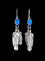 Navajo Sterling Silver Opalite Dangle Feather Earrings