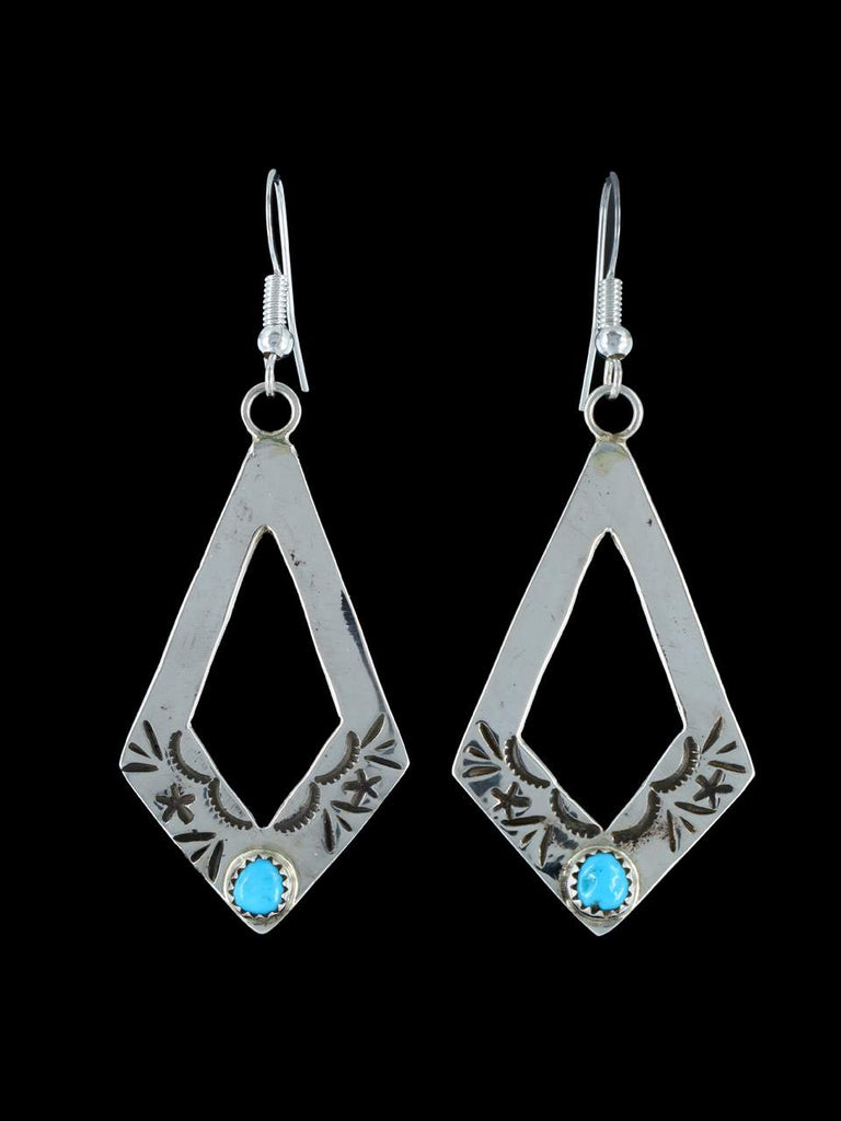 Navajo Stamped Sterling Silver Turquoise Dangle Earrings - PuebloDirect.com