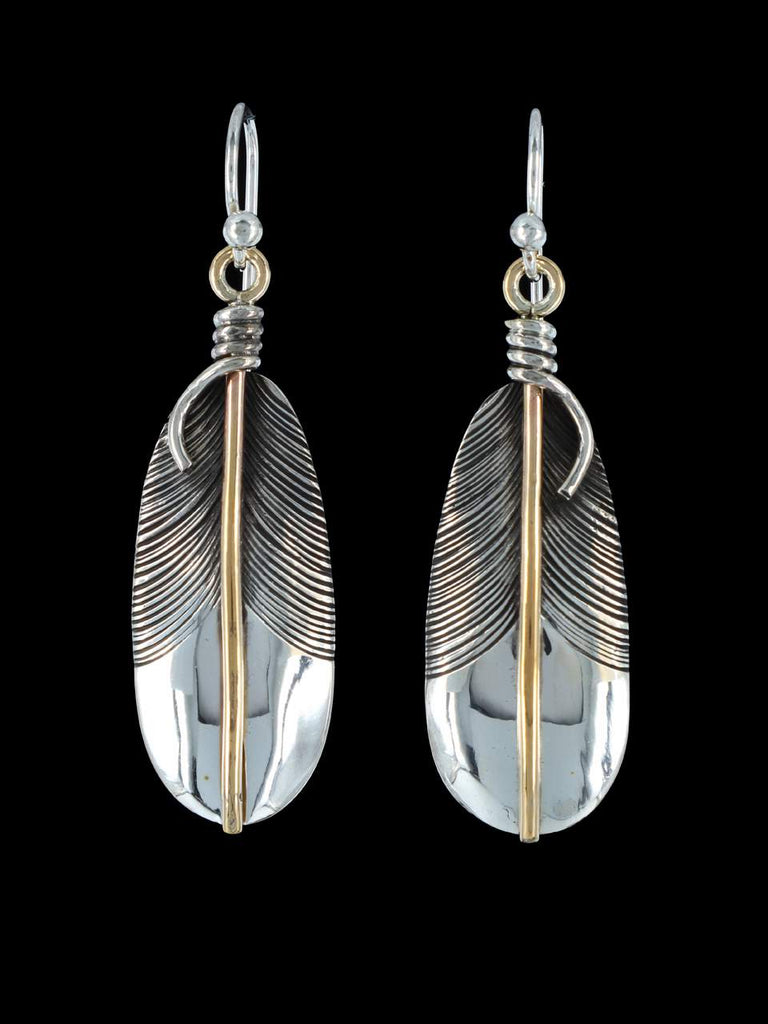 Navajo Sterling Silver and 12kt Gold Feather Earrings - PuebloDirect.com