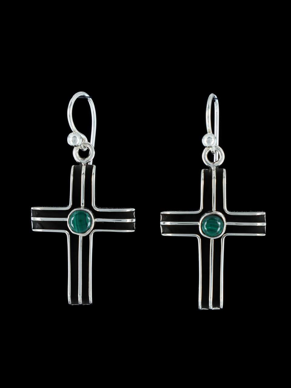Native American Sterling Silver Malachite Dangle Cross Earrings - PuebloDirect.com