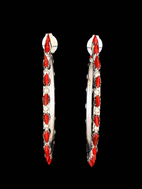 Zuni Sterling Silver Coral Hoop Post Earrings