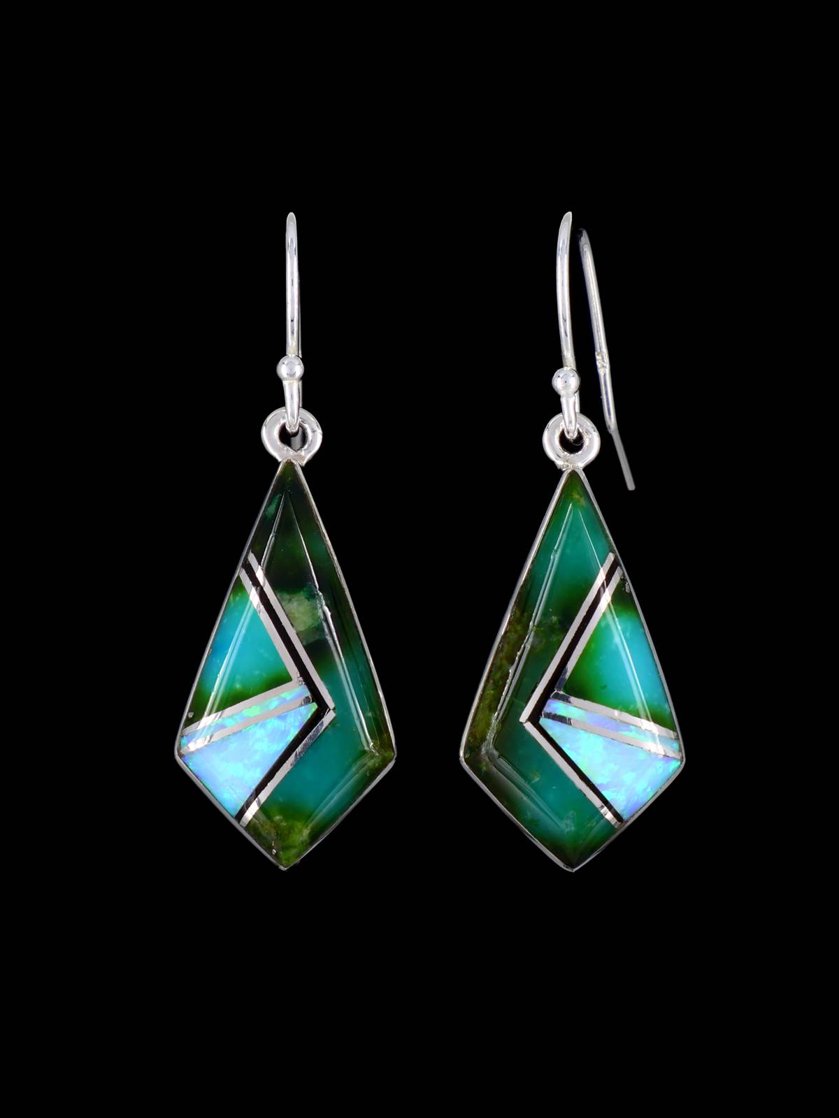 Navajo Sterling Silver Mosaic Inlay Dangle Earrings