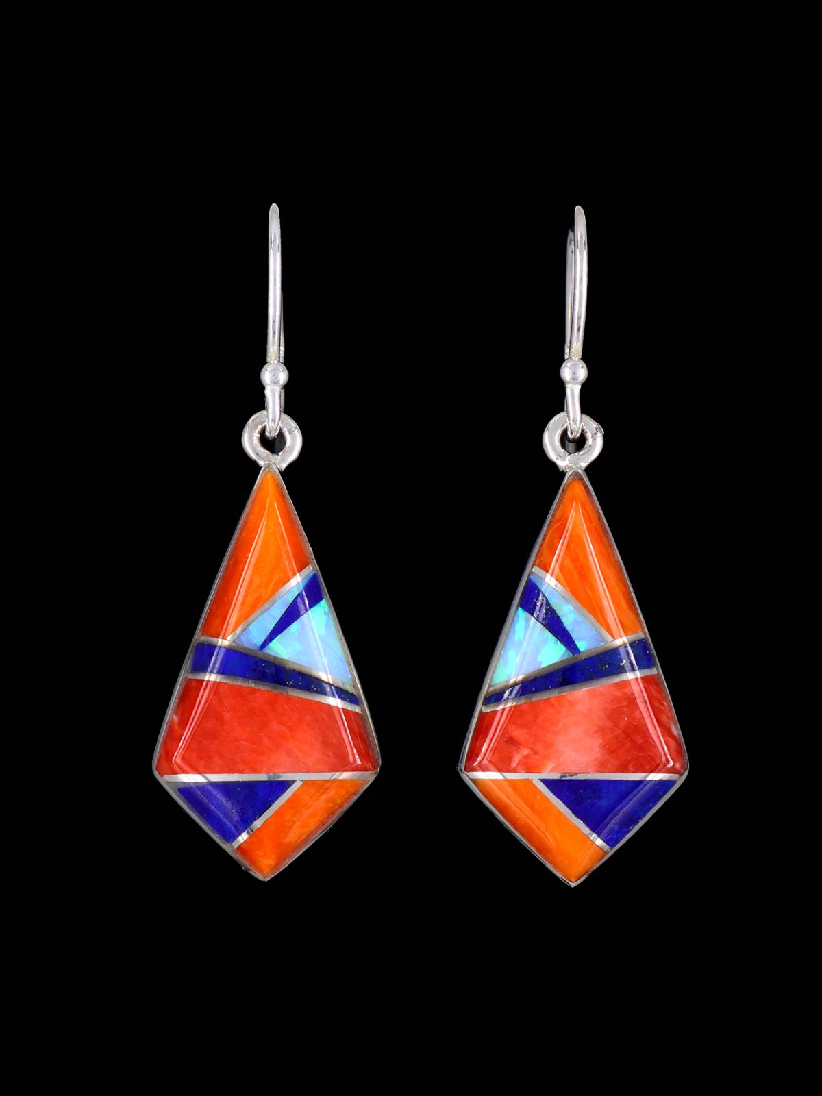 Navajo Sterling Silver Mosaic Inlay Dangle Earrings