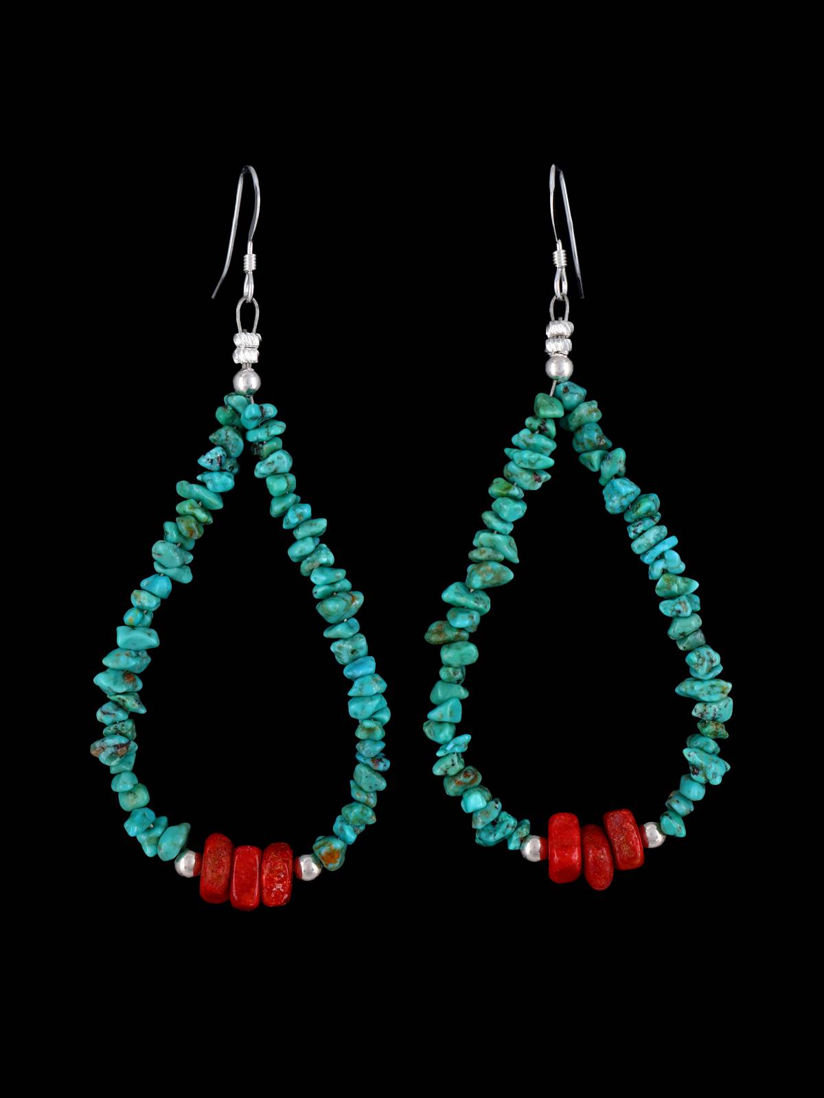 Navajo Turquoise and Apple Coral Beaded Dangle Earrings