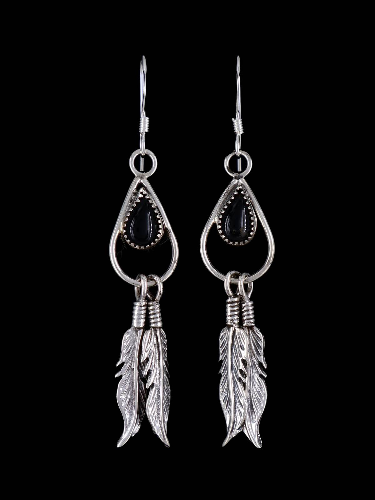 Navajo Sterling Silver Onyx Feather Dangle Earrings