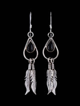 Navajo Sterling Silver Onyx Feather Dangle Earrings