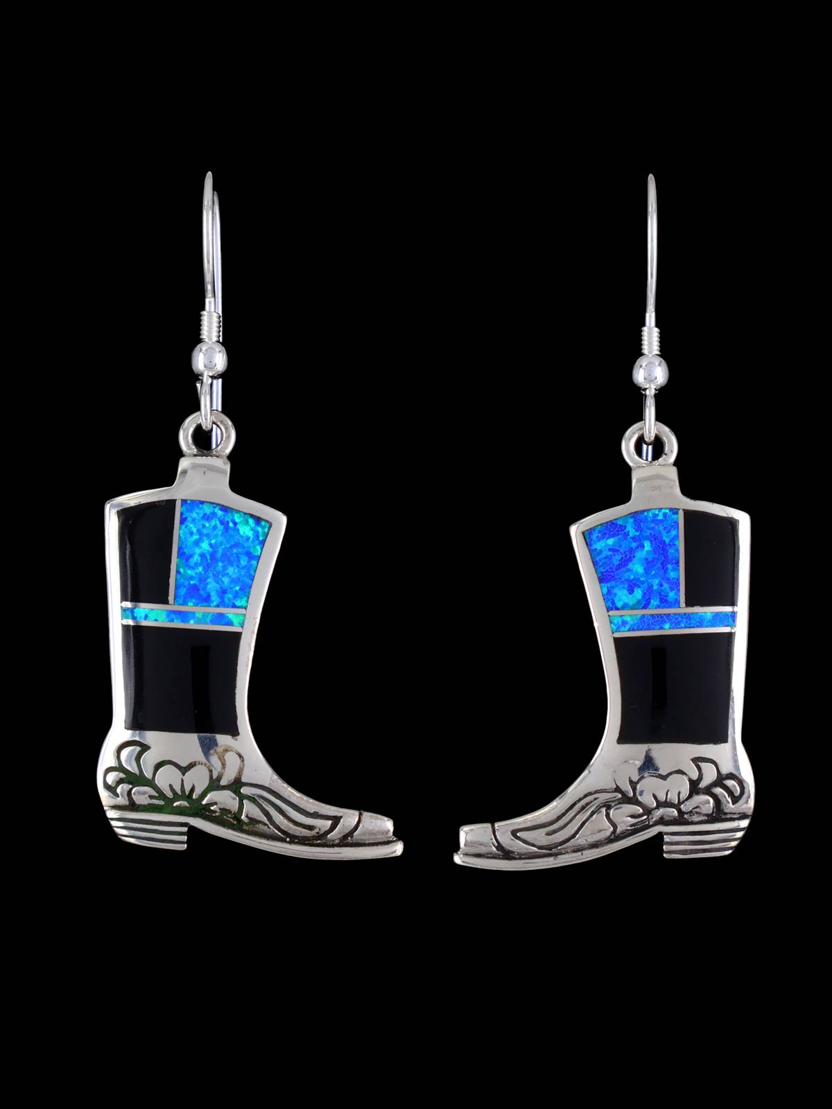 Navajo Onyx and Opalite Inlay Cowboy Boot Dangle Earrings