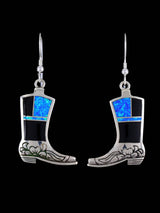 Navajo Onyx and Opalite Inlay Cowboy Boot Dangle Earrings