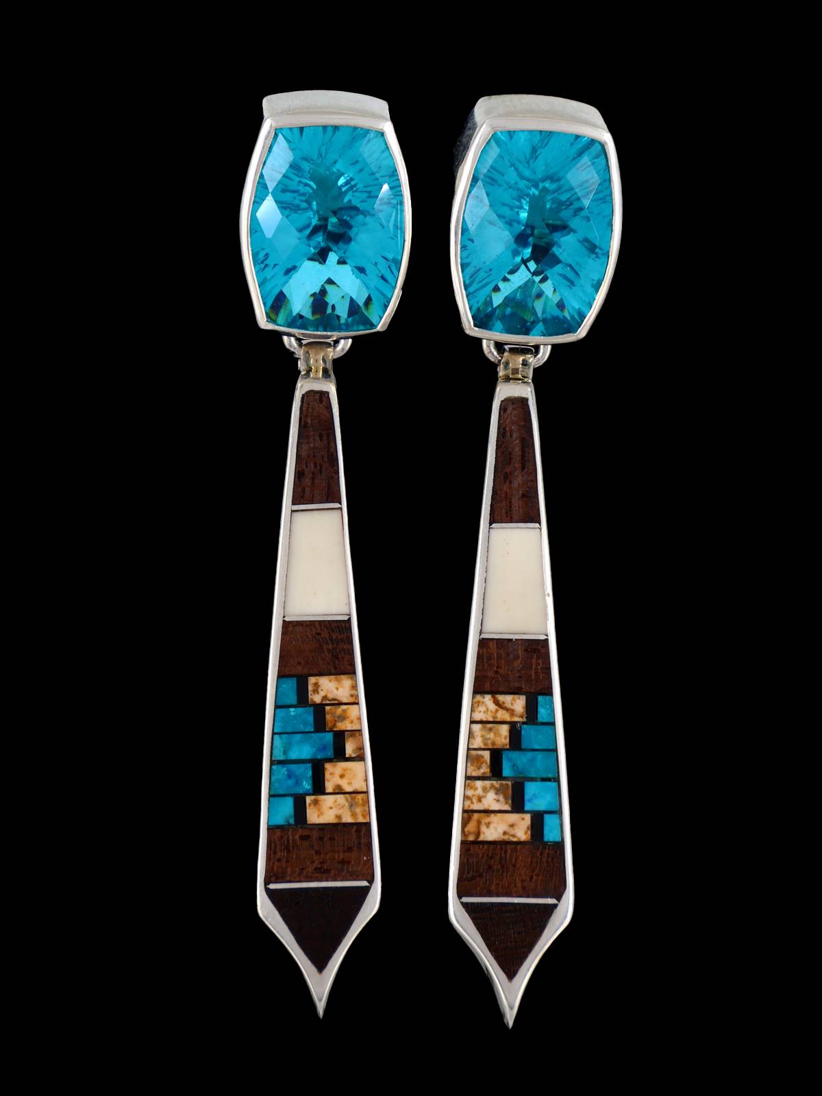 Navajo Aquamarine and Wood Inlay Post Earrings