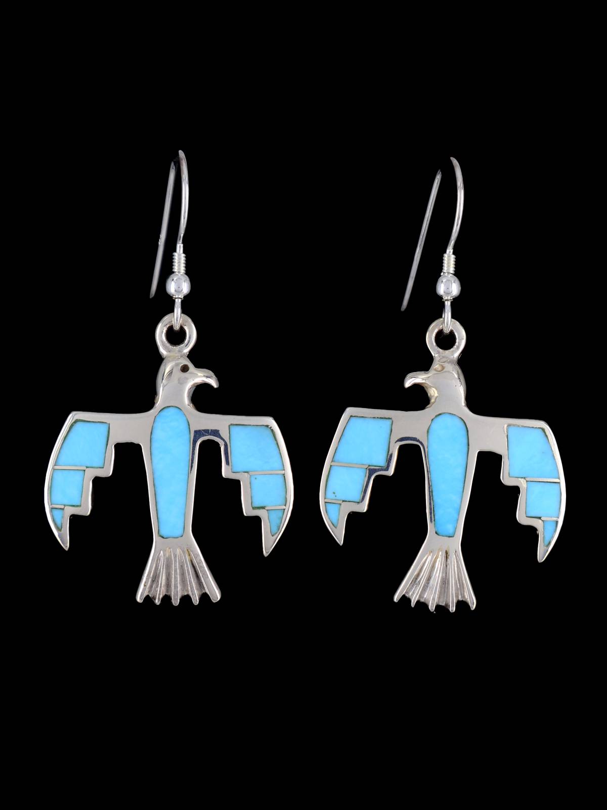 Navajo Turquoise Thunderbird Inlay Dangle Earrings