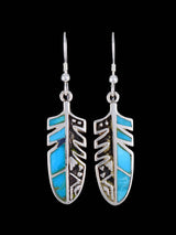 Navajo Turquoise Sterling Silver Inlay Feather Dangle Earrings