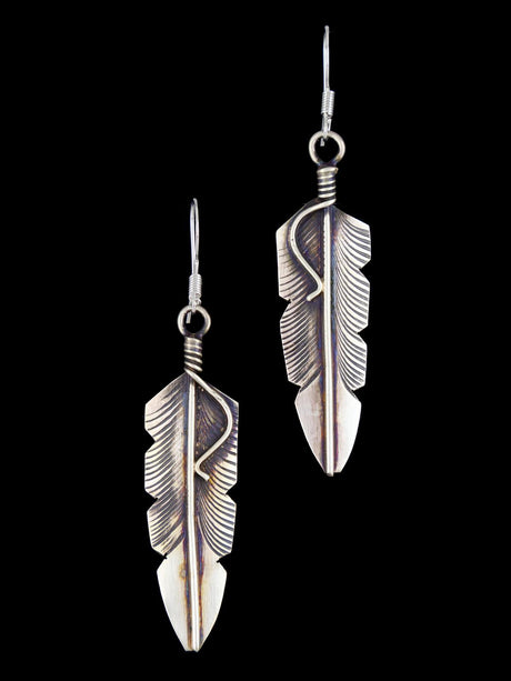 Native American Sterling Silver Dangle Feather Earrings - PuebloDirect.com